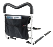 Front view of the bed rail with beside pocket attached to it